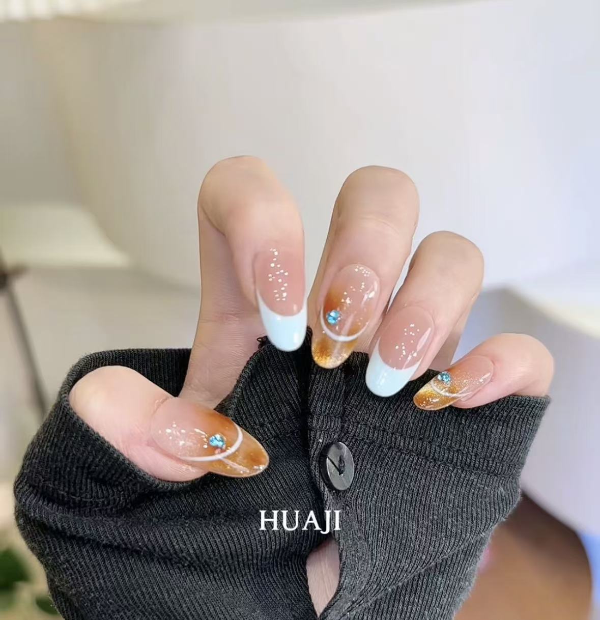  HuaJi/花悸穿戴甲〔琉璃蓝镜〕豹纹/法式/猫眼纯手工穿戴