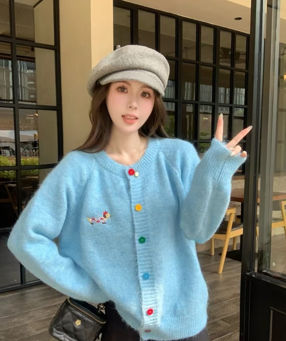 女装韩版圆领小狗针织开衫2025新款小香风秋冬韩系上衣百搭2713