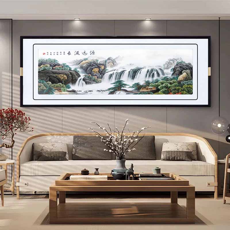 源远流长山水画客厅装饰画办公室风景挂画聚宝盆国画靠山图苏绣