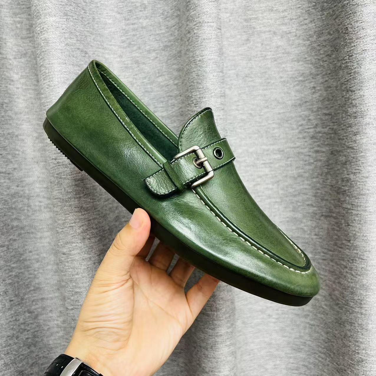 固特异工艺马皮水洗复古做旧乐福鞋豆豆鞋一脚蹬休闲鞋皮鞋