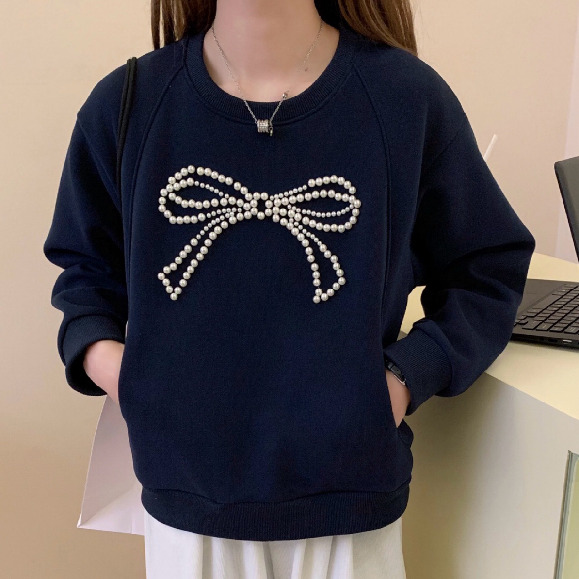 蝴蝶结纯色休闲套头卫衣女春款圆领2025新款爆款慵懒无帽外套上衣