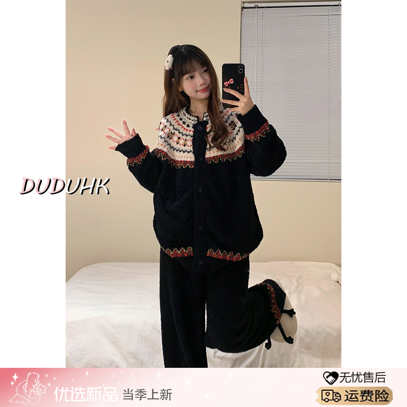 【复古花边】民族风半边绒睡衣女秋冬新款加厚保暖新款家居服睡衣