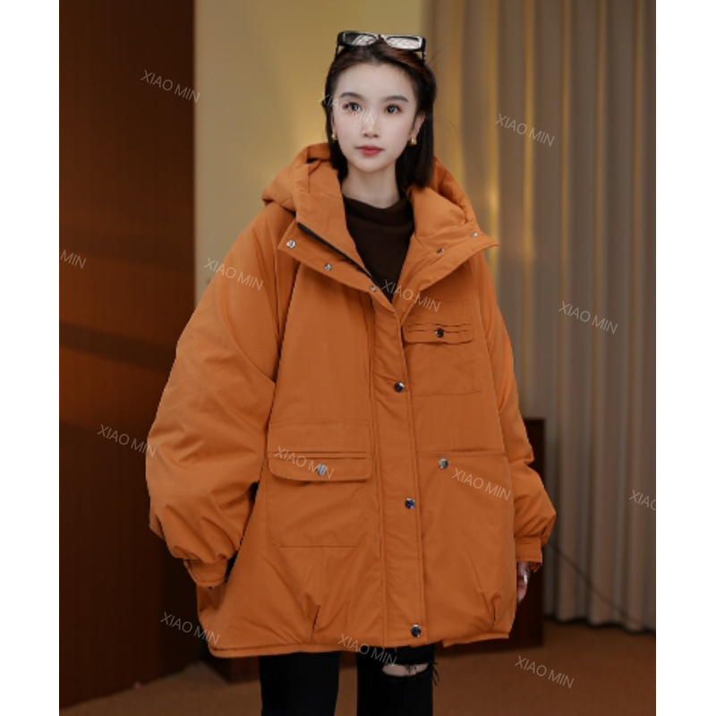 2025冬季新款韩版宽松慵懒风工装多口袋连帽棉服外套女1928
