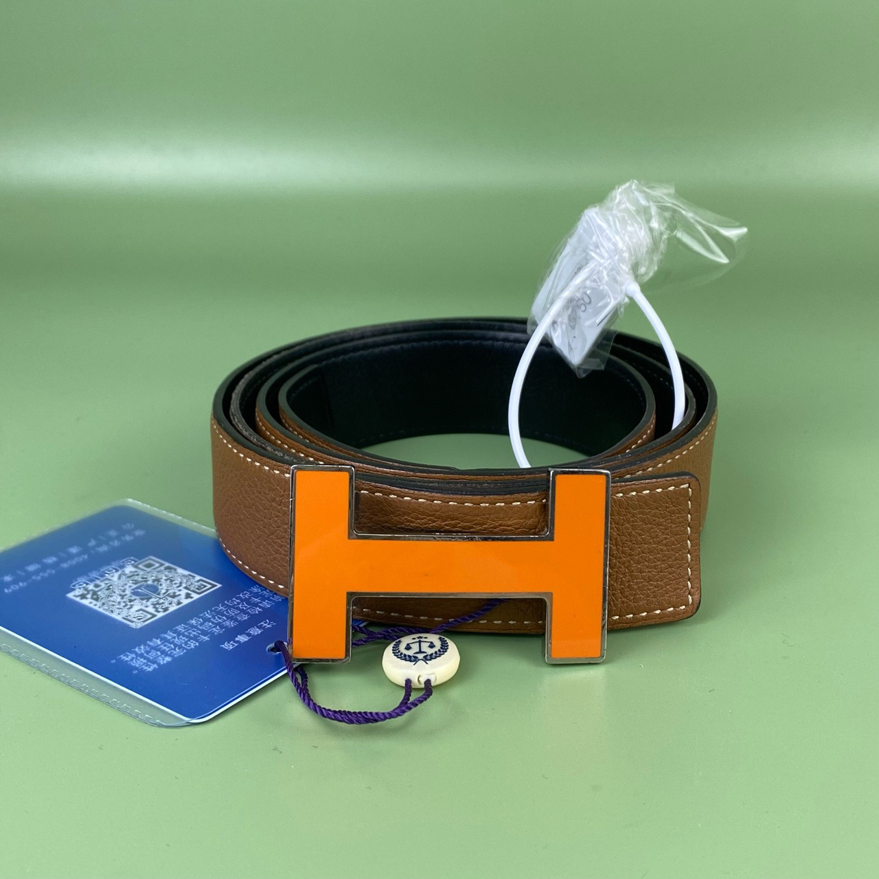 95新 Hermes/爱马仕 双H扣橙色腰带/3*118cm/95新/15750