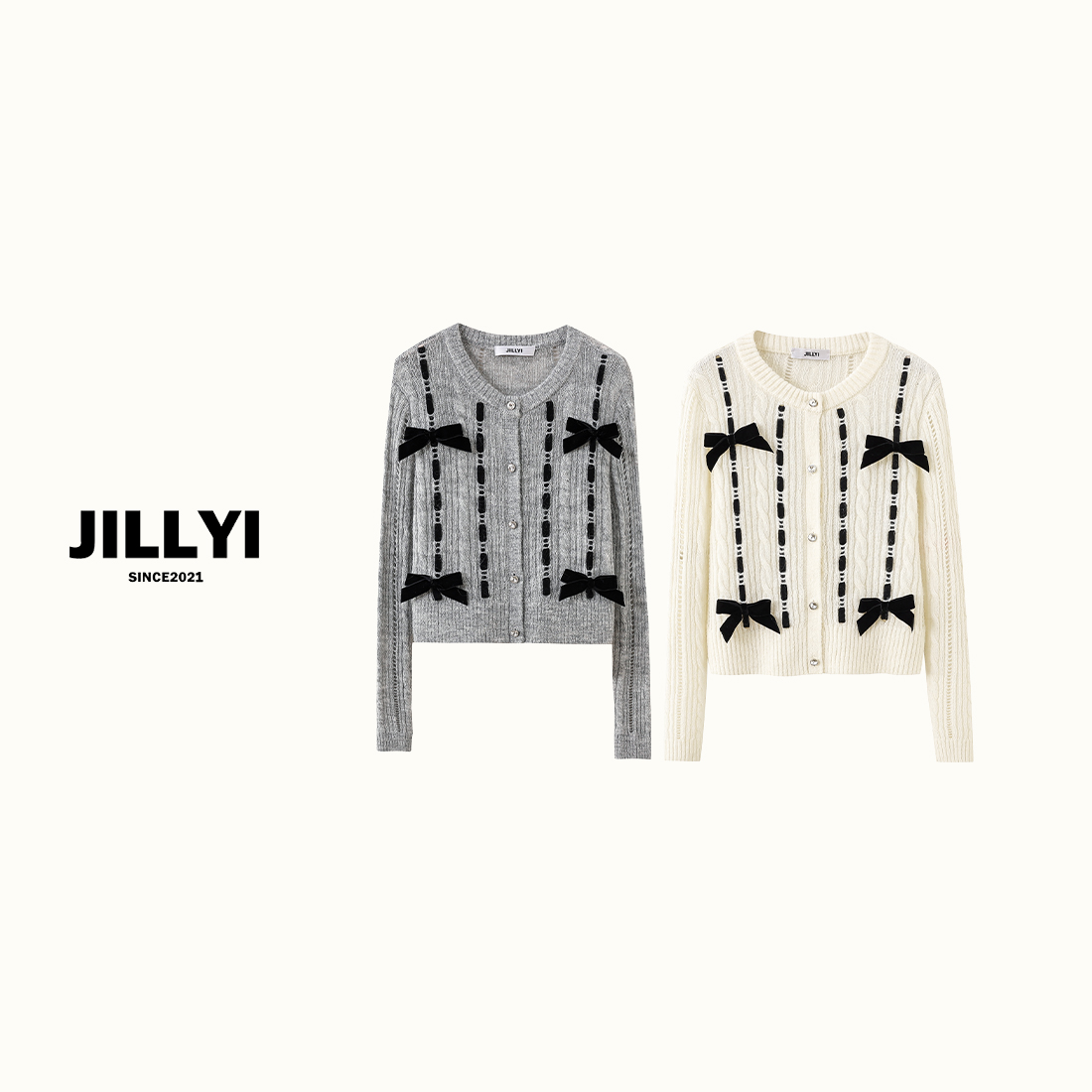 JILLYI珠海店【蝴蝶聚会】秋冬款式时尚百搭灰色圆领蝴蝶结单排扣针