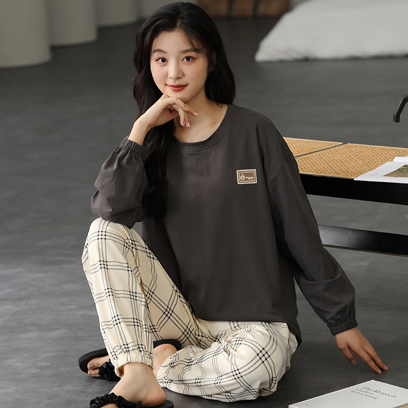 88227秋冬女士带胸垫纯棉睡衣套装长袖长裤睡衣套装可外穿家居服