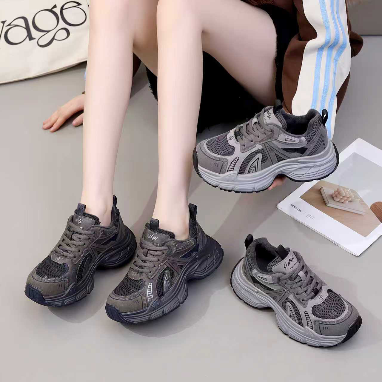 607-1达思图加绒超轻底显脚小老爹鞋厚底女2025冬新款舒适运动鞋