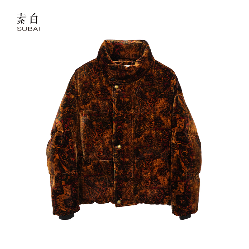 素白【壁画】R02071真丝绒复古蓬松保暖加厚鹅绒服