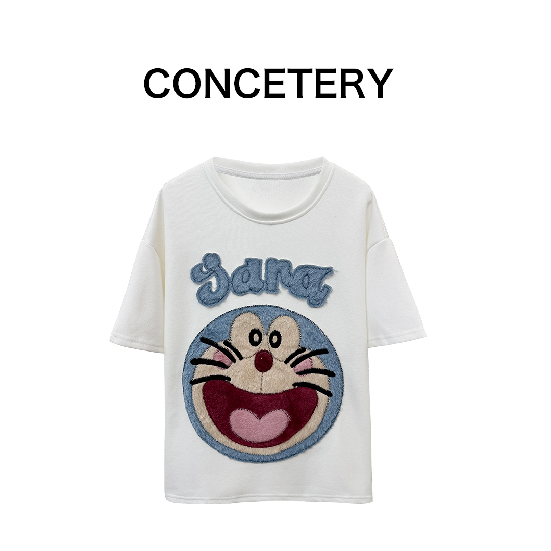 2026款夏重工新款卡通机器猫植绒刺绣短袖T恤女宽松休闲百搭上衣
