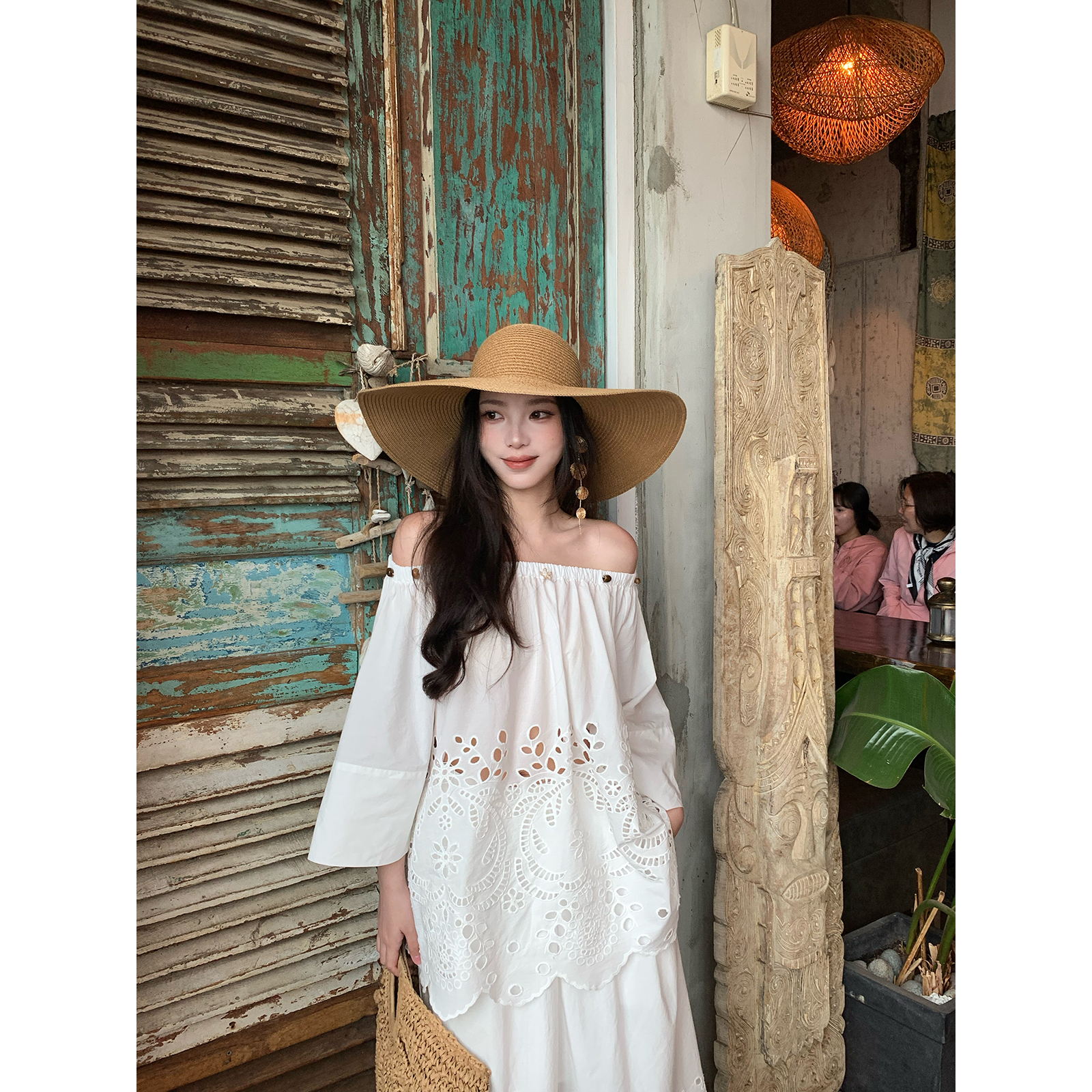 ICELOLLY一字肩露肩纯棉衬衫两件套女2025夏季薄款显瘦半身裙套装