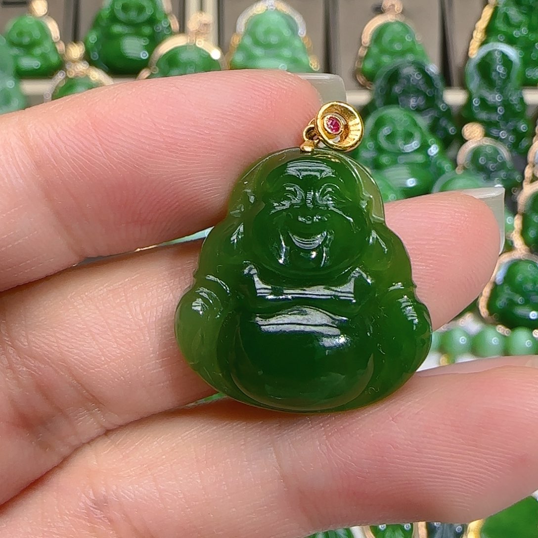 和田玉（碧玉）吊坠(不含链)18K金镶嵌