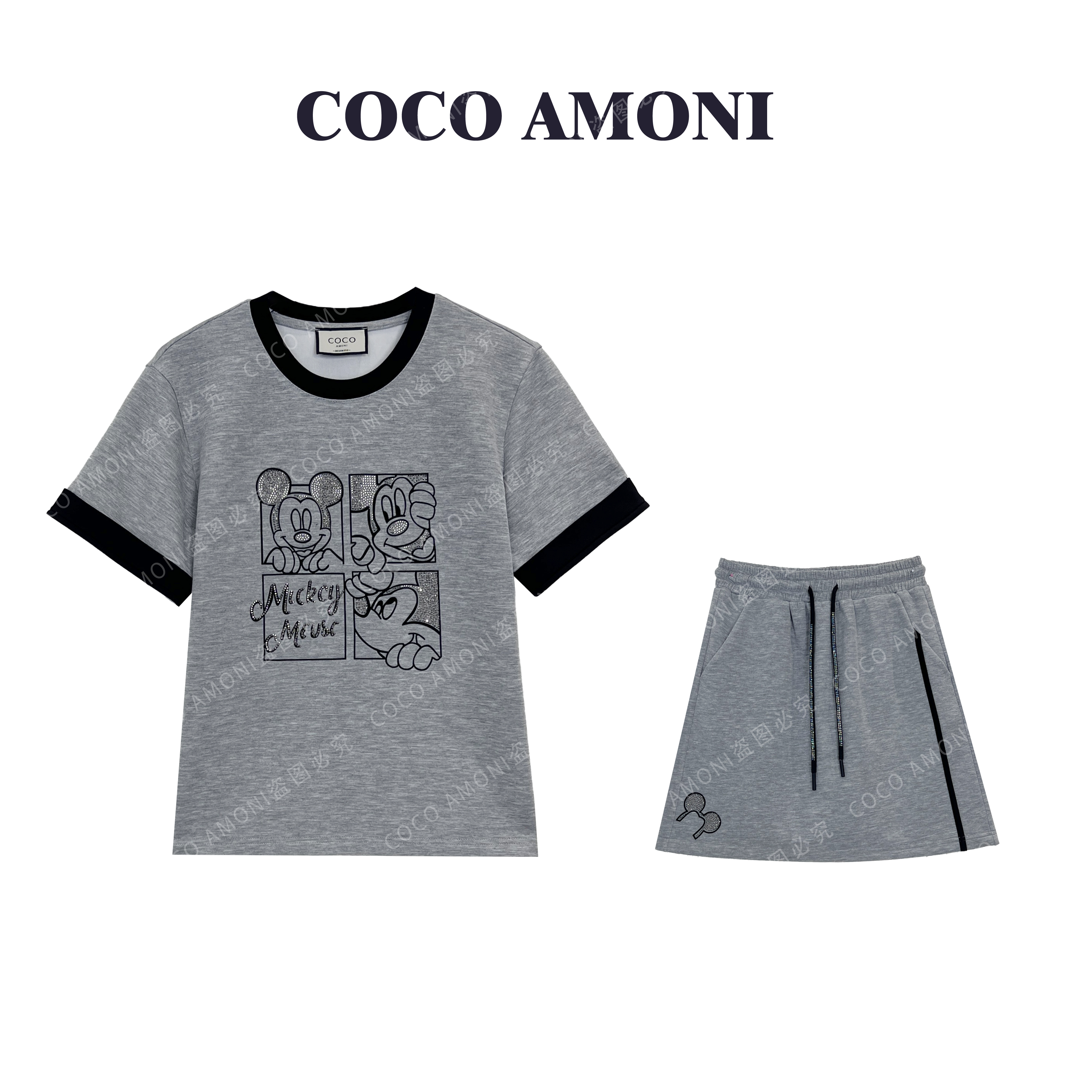 新款时尚高级灰夏日女装拼接立体趣味米老鼠设计高定套装AC240