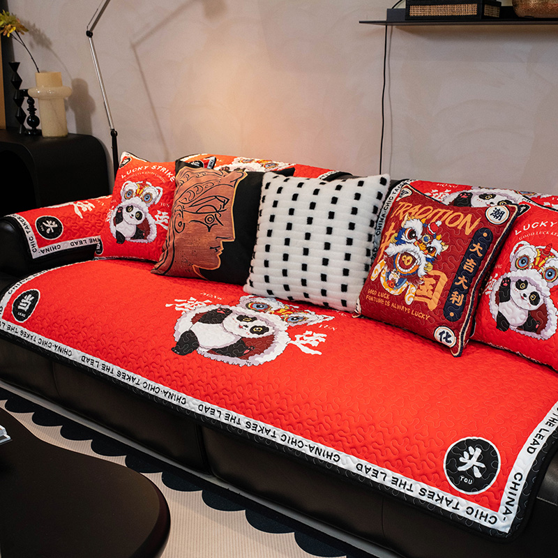 国潮风喜庆时尚卡通沙发垫四季通用亲肤加厚沙发坐垫防滑沙发套罩