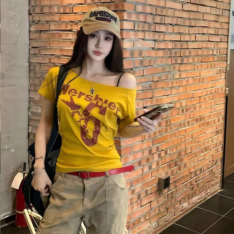 美式辣妹斜肩字母印花短袖T恤女夏季慵懒风设计感修身显瘦短上衣