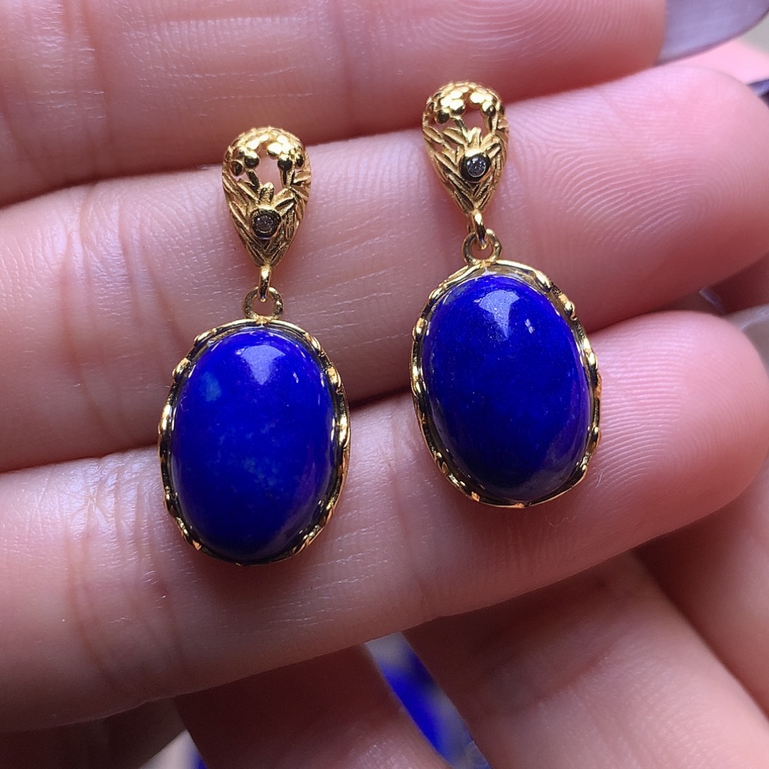 青金石银S925镶嵌耳饰