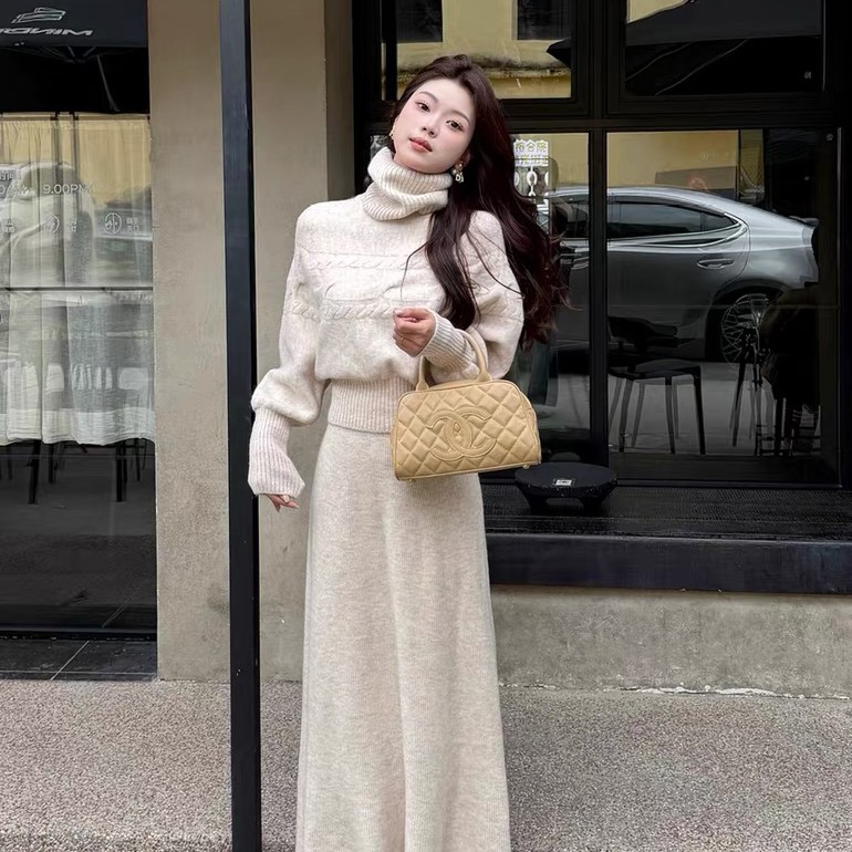 AiLin 日式高领修身气质长袖裙子极简风针织都市风学院风时尚套装
