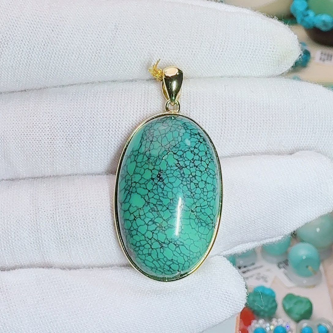 绿松石未镶嵌珠宝奇石细腻网花吊坠