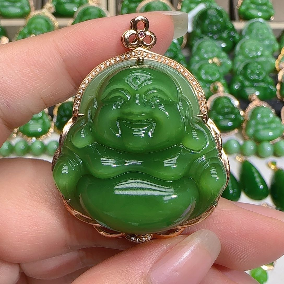 和田玉（碧玉）吊坠(不含链)18K金镶嵌