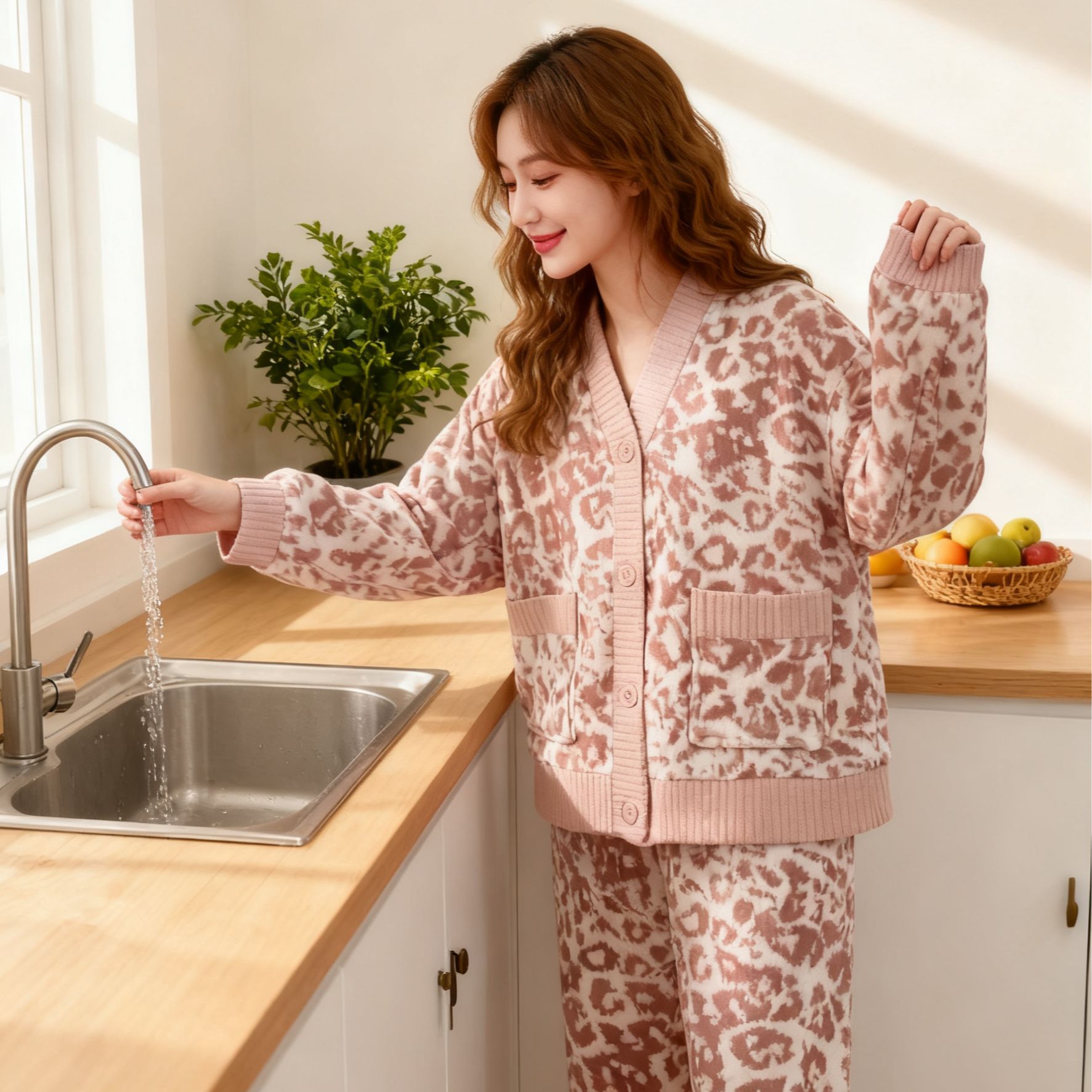 睡衣女家穿粉色豹纹双面雪花绒秋冬家居服时尚保暖纽扣开衫套装