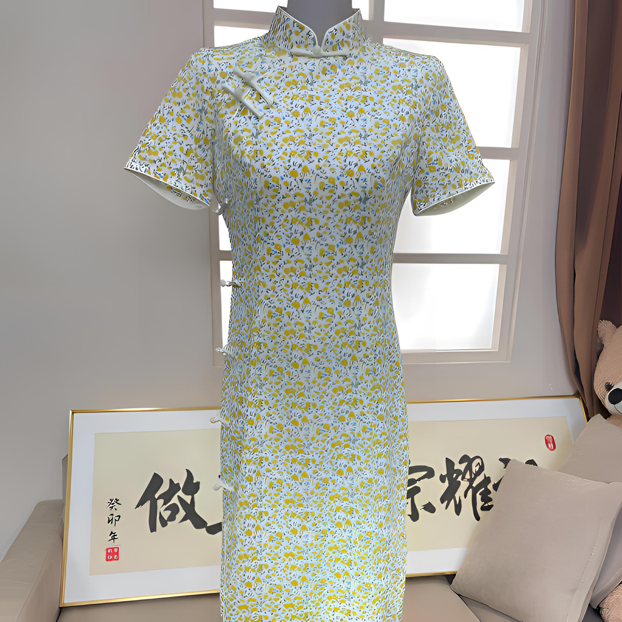 旗袍常规款短袖如意襟蓝色中长款日常时尚气质中国风显瘦修身