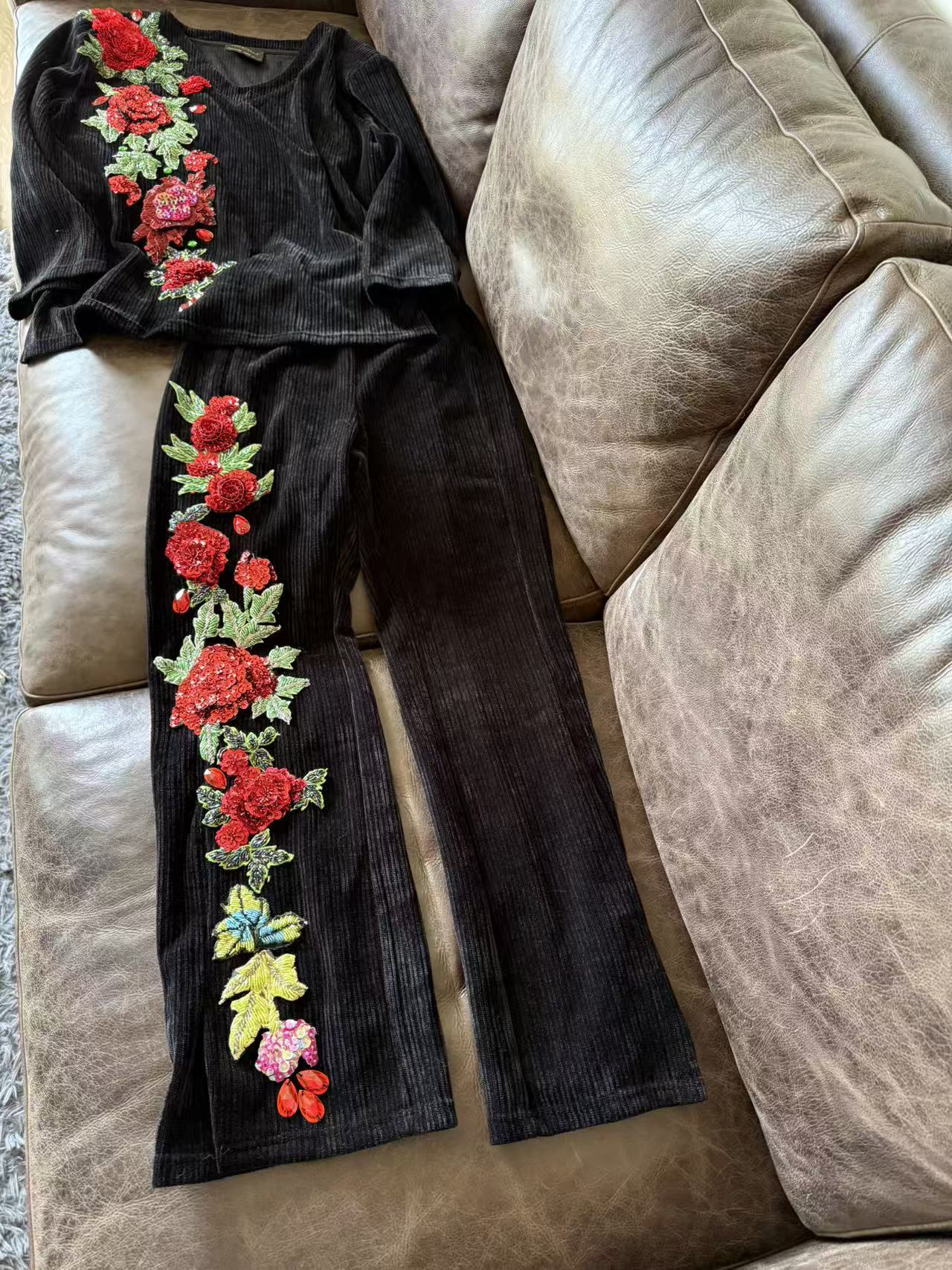 A727 蕾丝休闲裤时尚女士国风红色中式设计师高腰百搭复古套装