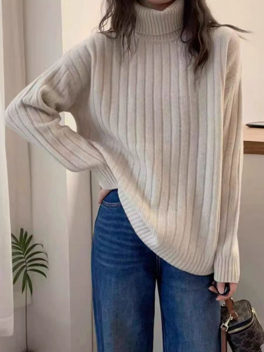 坑条高翻领针织衫女常规款羊毛衫内搭百搭冬季打底衫秋冬新款毛衣