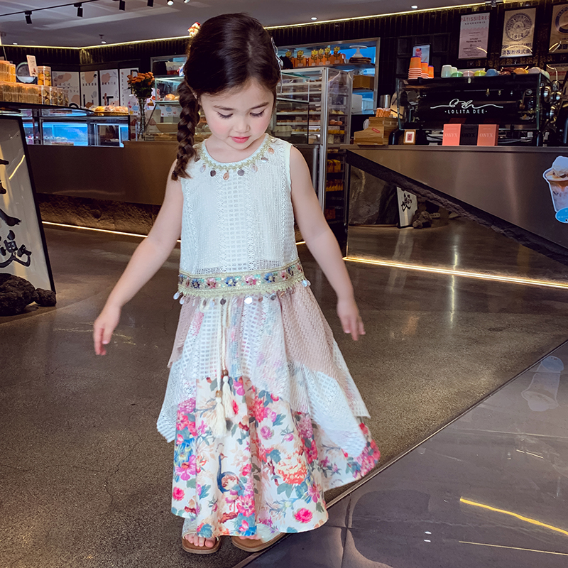 【年中浮力】米米哈罗女童波西米亚蕾丝无袖上衣半身裙两件套X25377