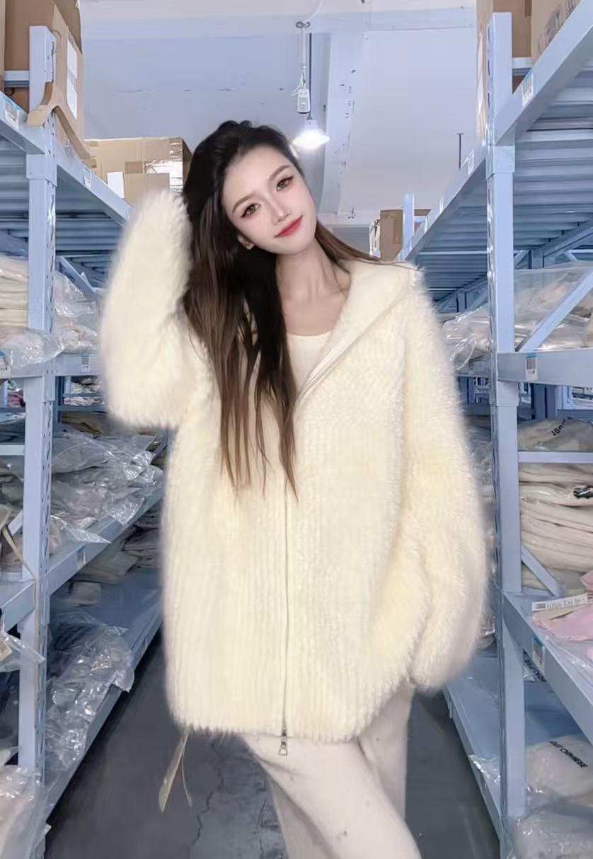 【100山羊绒】拉绒工艺251373-慵懒高级感纯手工编制连帽针织外套