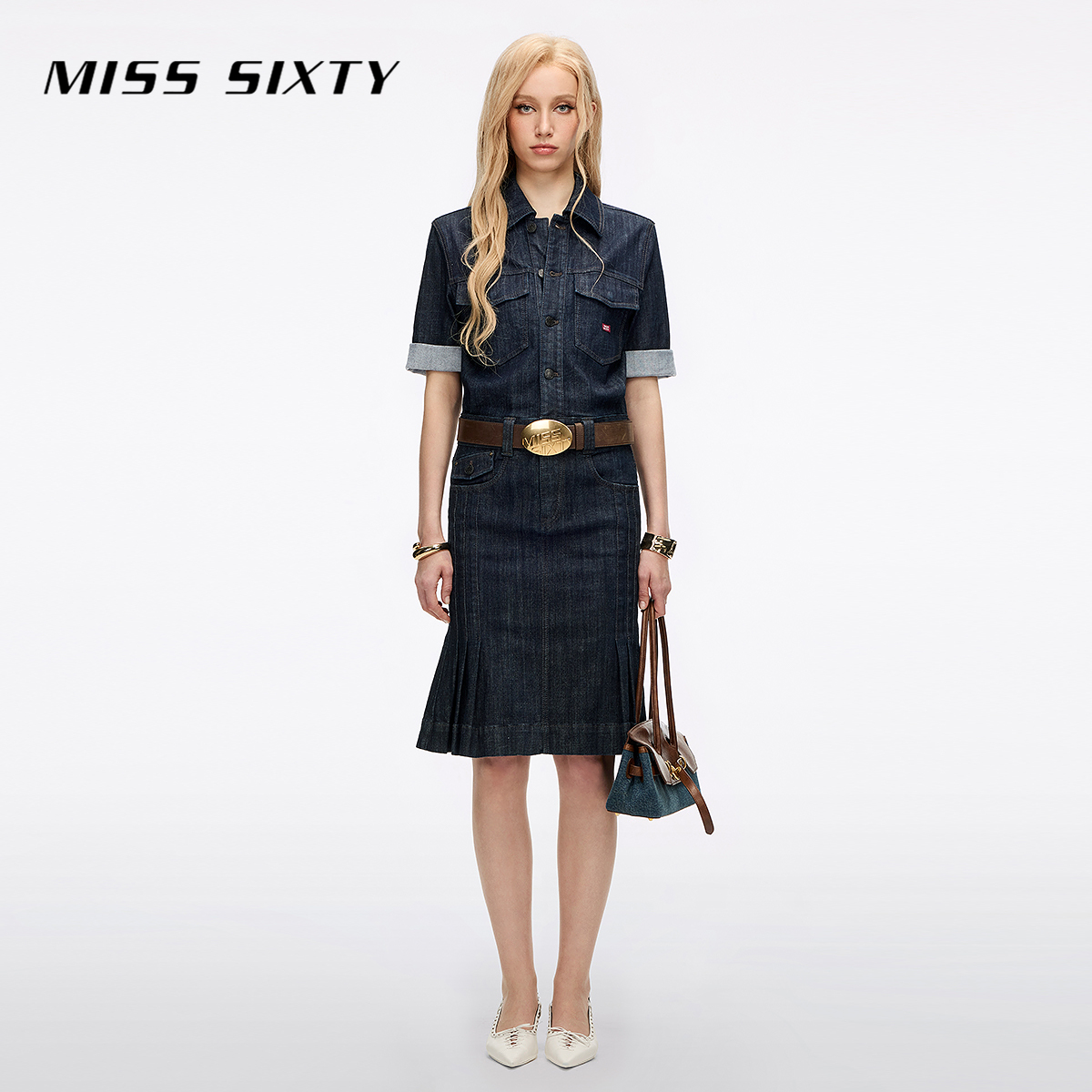 Miss Sixty2026春季新款牛仔连衣裙女翻领复古原色撞钉工装鱼尾裙