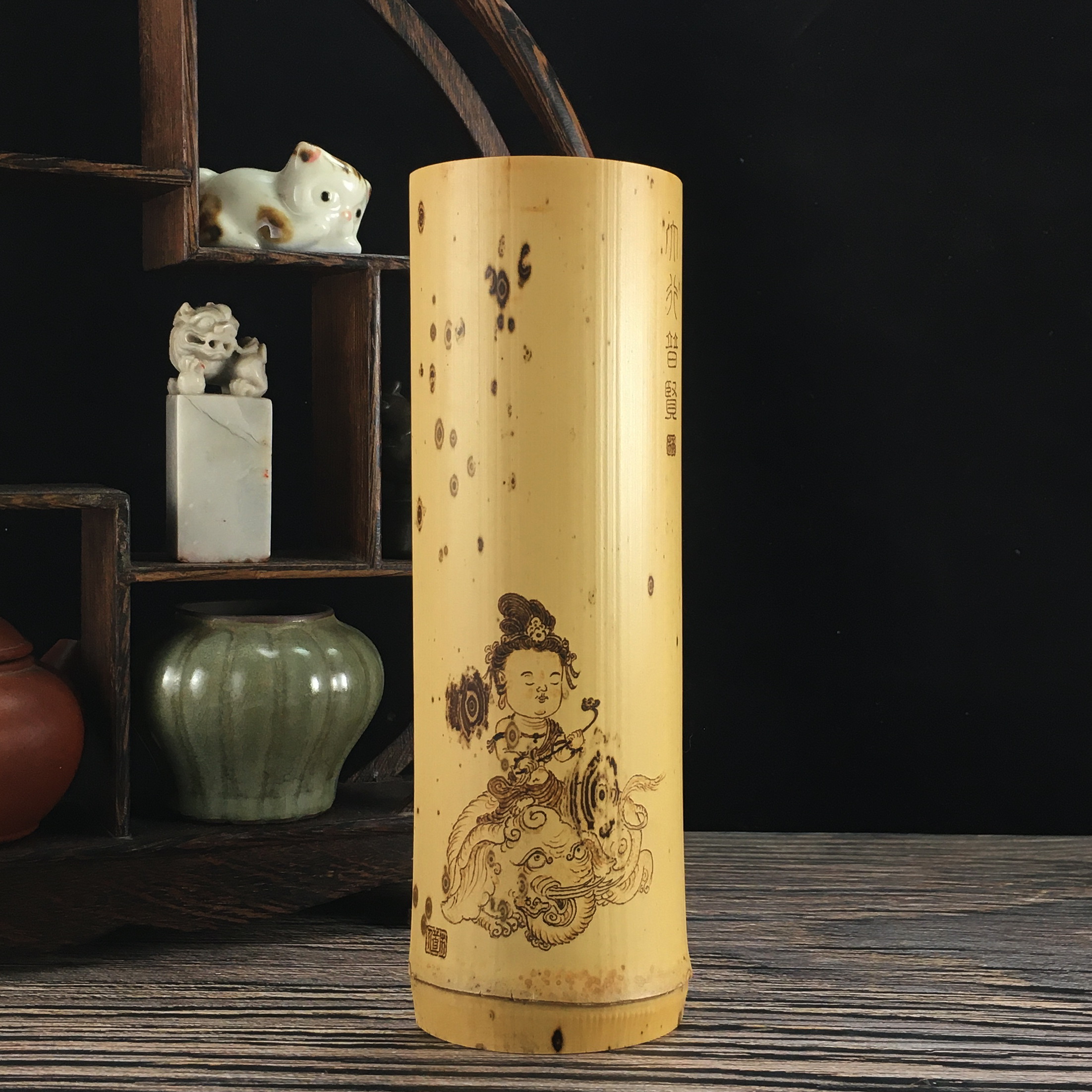 柳氏烙艺普贤行愿 手工烙画精磨凤眼斑竹雕巧绘茶则臂搁腕枕摆件B