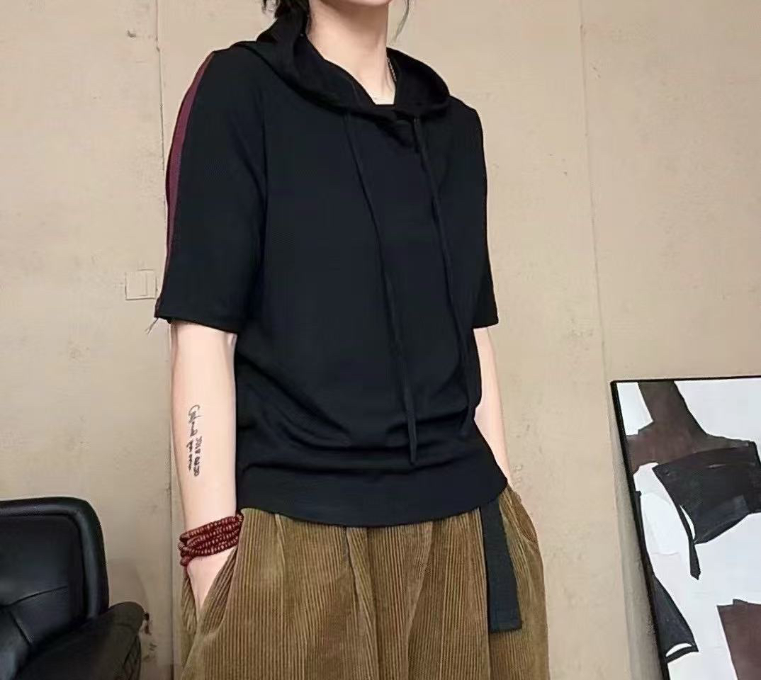 2025春季新款连帽休闲百搭宽松半袖简约韩版打底衫
