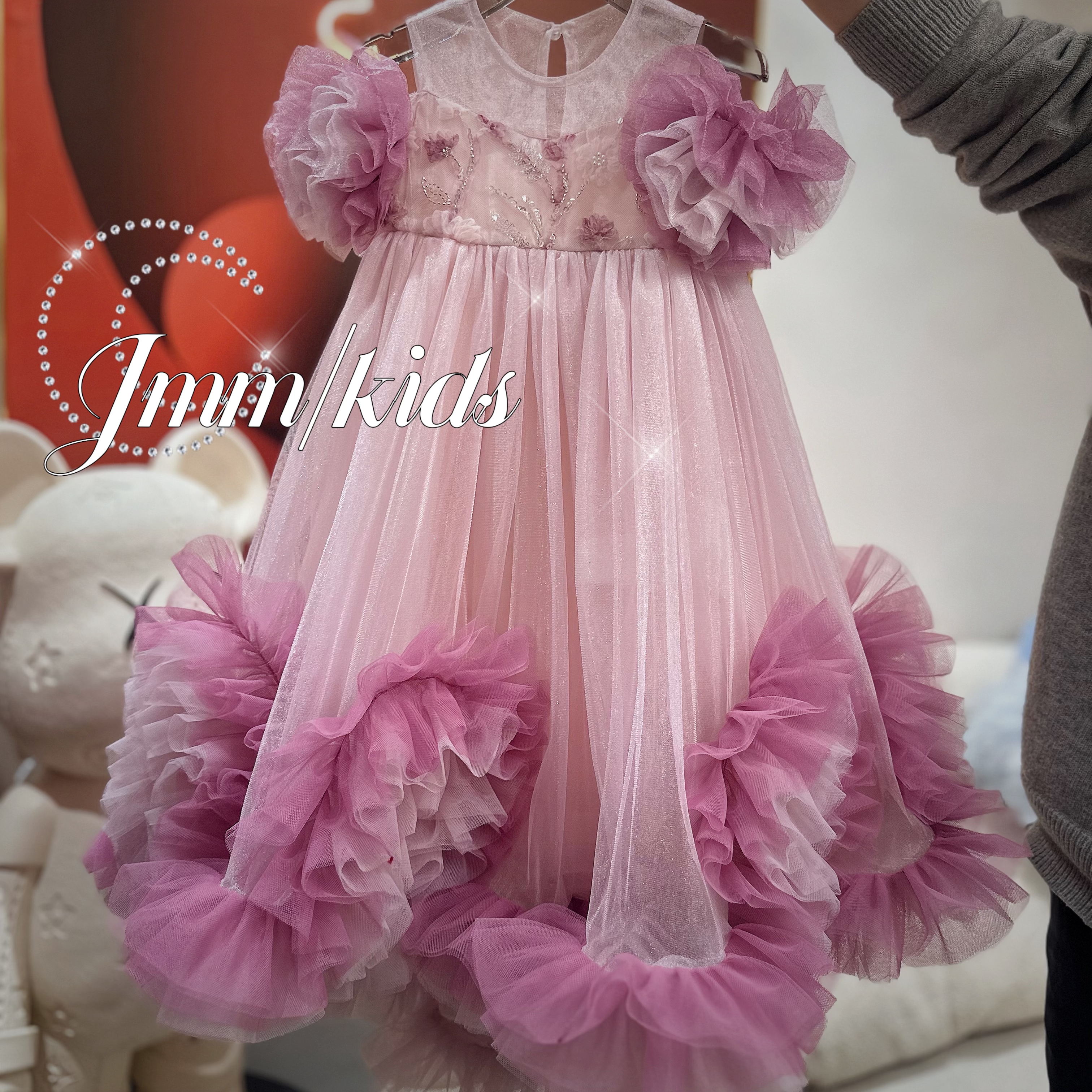 夏单品-粉花朵F132 公主裙女童洋气泡泡袖蓬蓬纱连衣裙夏季