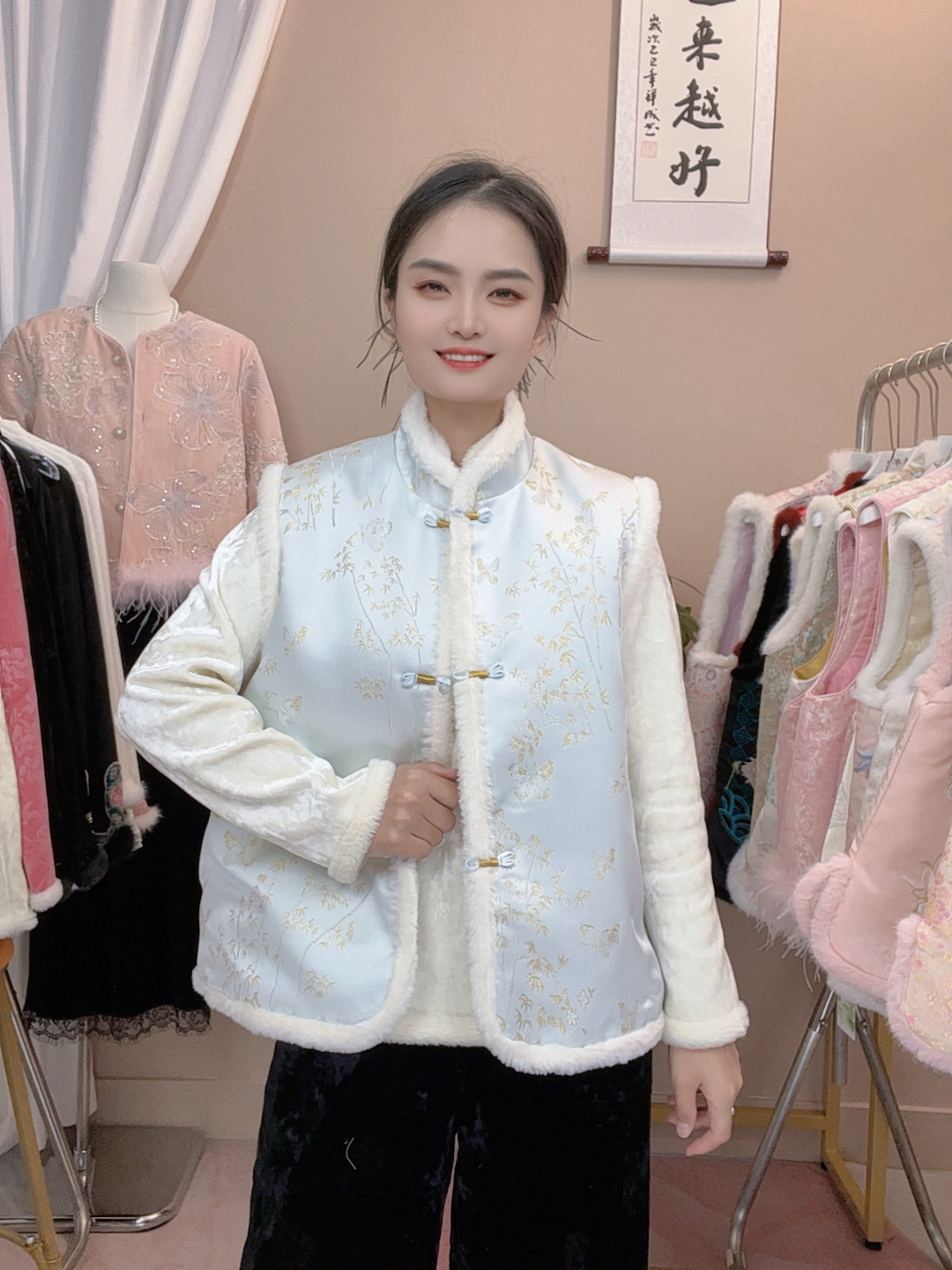 【蝶恋竹】新中式国风宽松时尚冬季新款加厚加棉加毛盘口马甲女坎肩