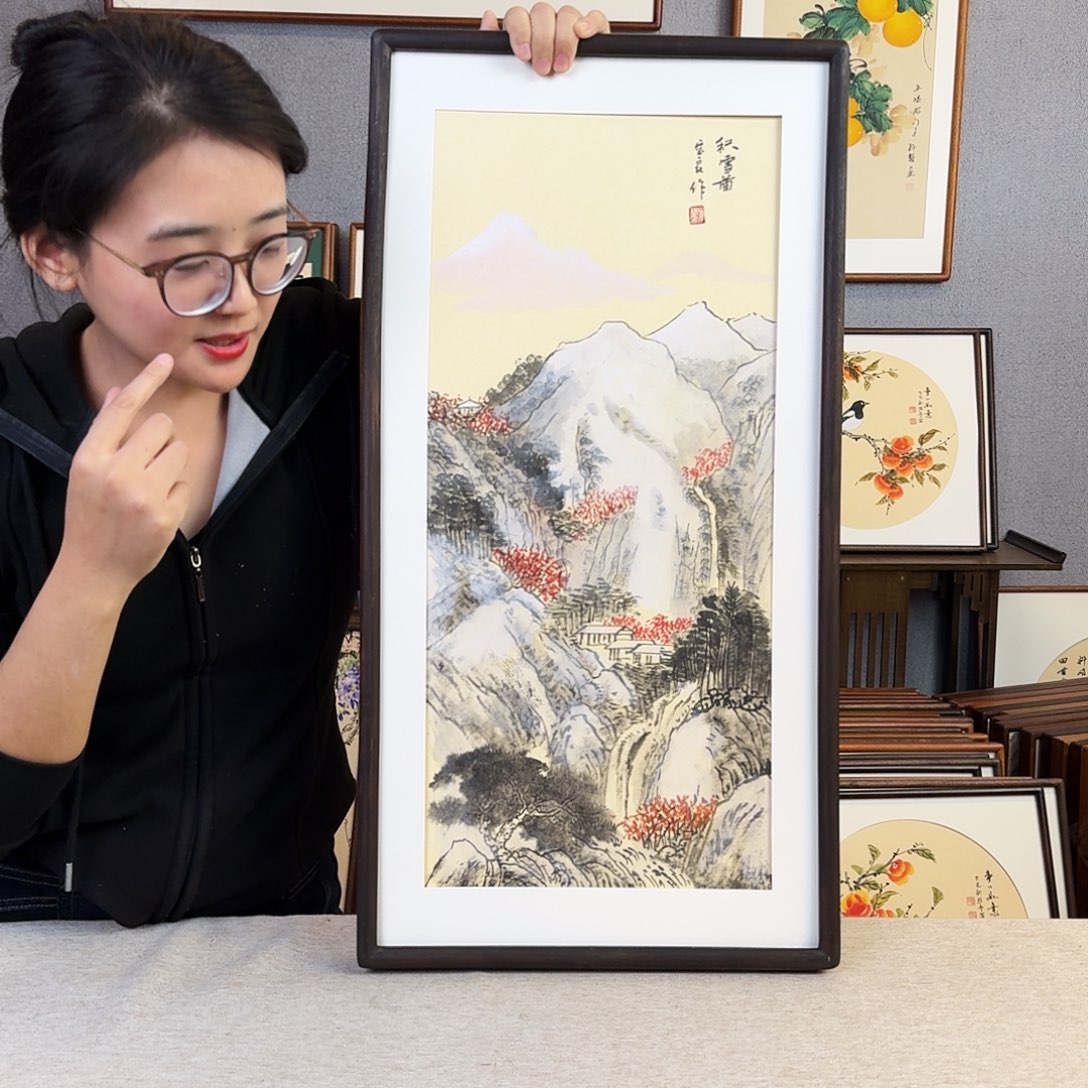 国画纯手绘，纯手写带框尺寸：36×69厘米