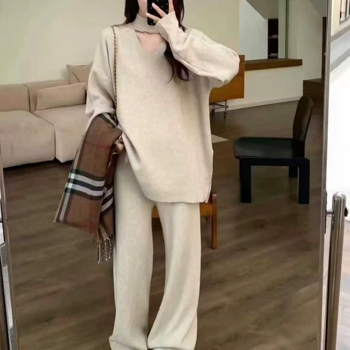 【阳阳女装】冬季加绒加厚V领显瘦慵懒风上衣阔腿裤套装