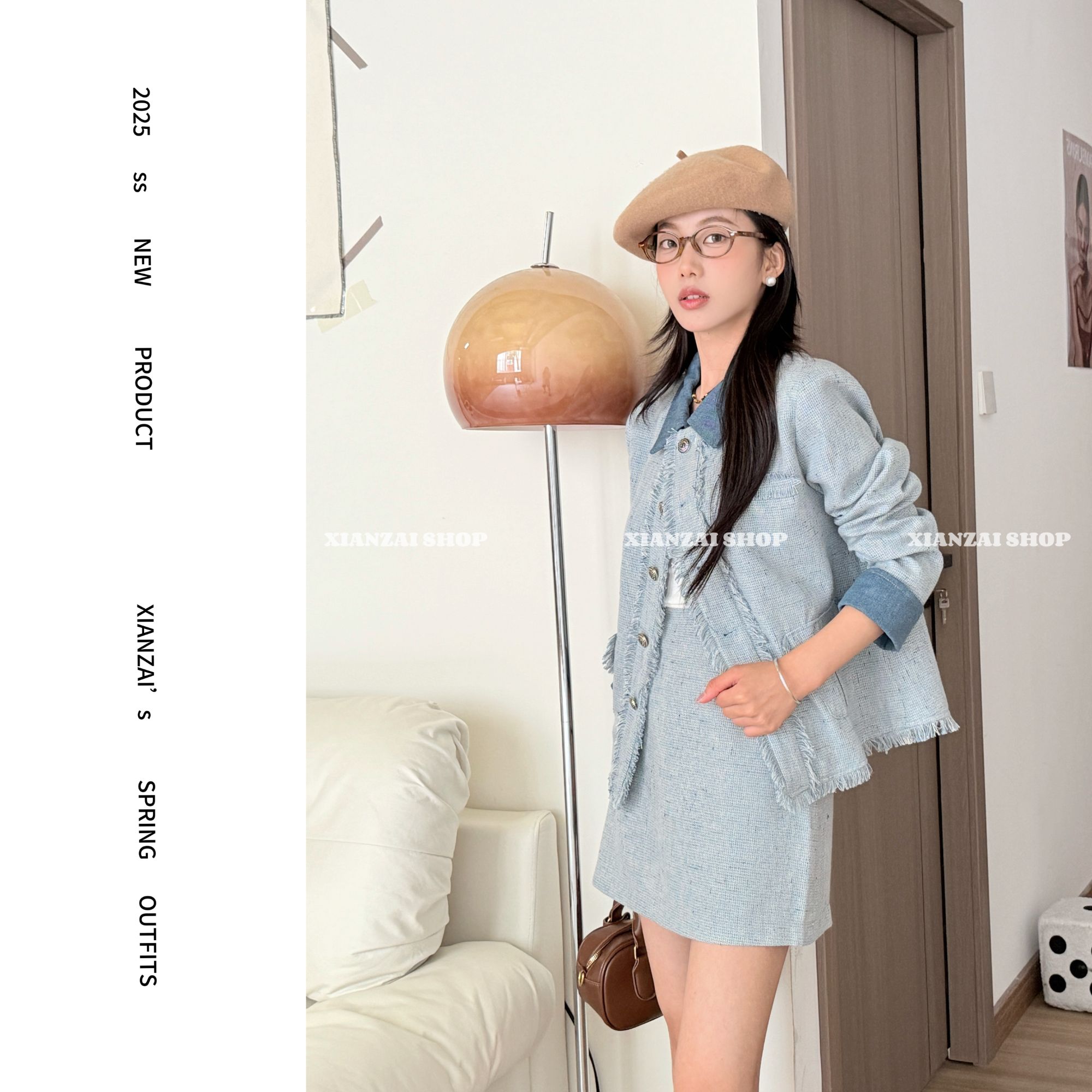 XIANZAI【青花瓷蓝】秋冬反季名媛时尚牛仔拼接小香风拉毛短裙套装