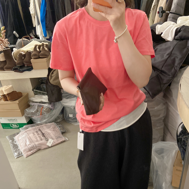 炫色基础简约莓粉色圆领短袖秋冬百搭显瘦纯色