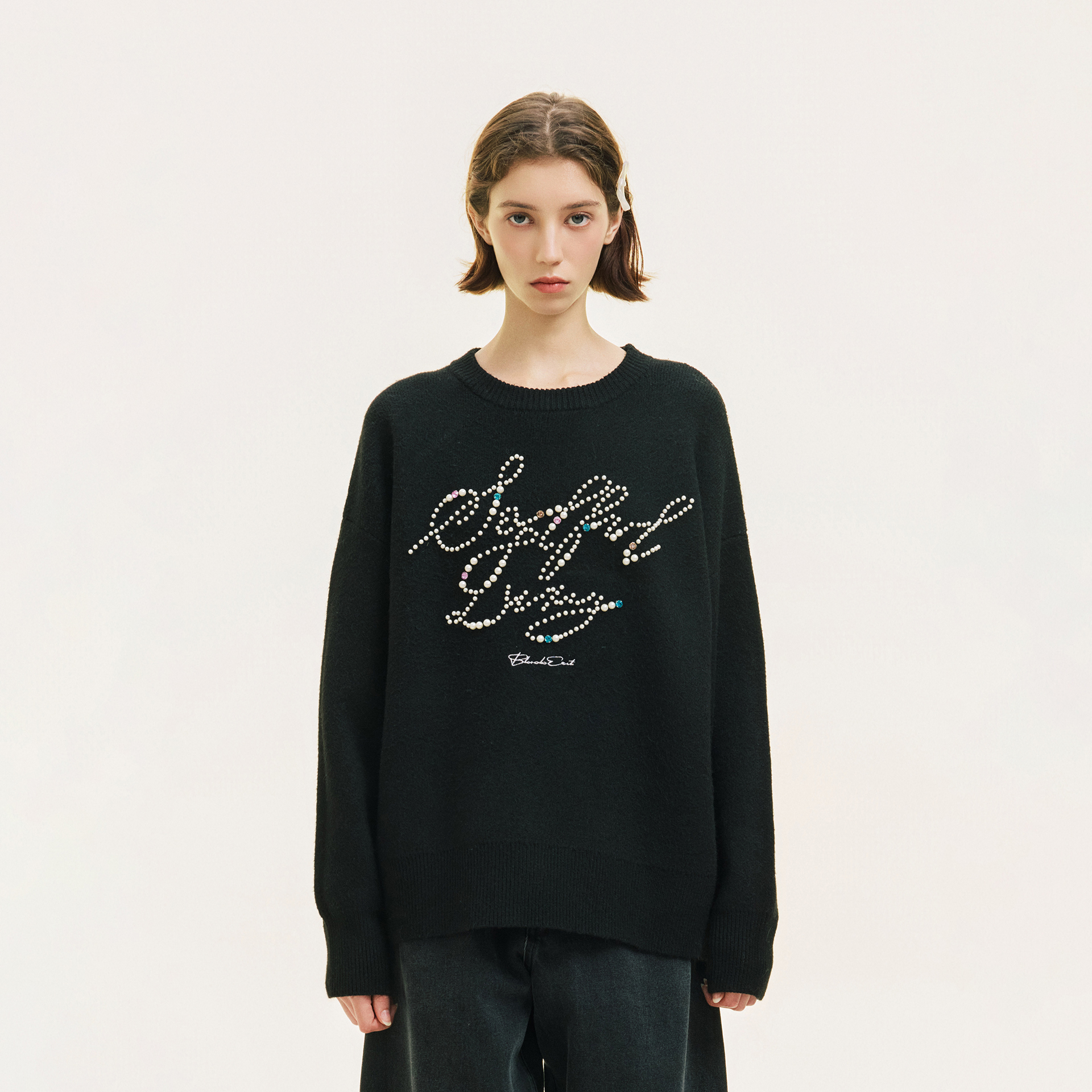 BLACK OF EXIT美式珍珠宝石宽松圆领毛衣慵懒风软糯针织衫情侣款