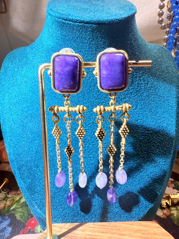 铜合金琉璃耳饰 复古Vintage紫色流苏长款手工气质扫肩款耳坠耳环