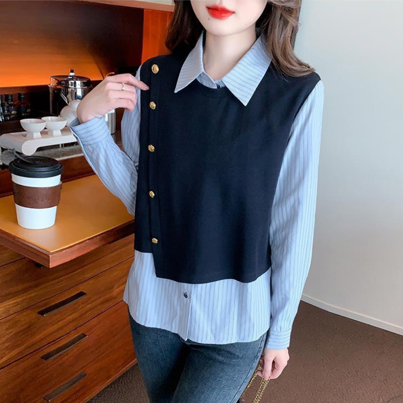 假两件条纹拼接衬衫女设计感小众百搭时尚上衣长袖洋气衬衣春秋款