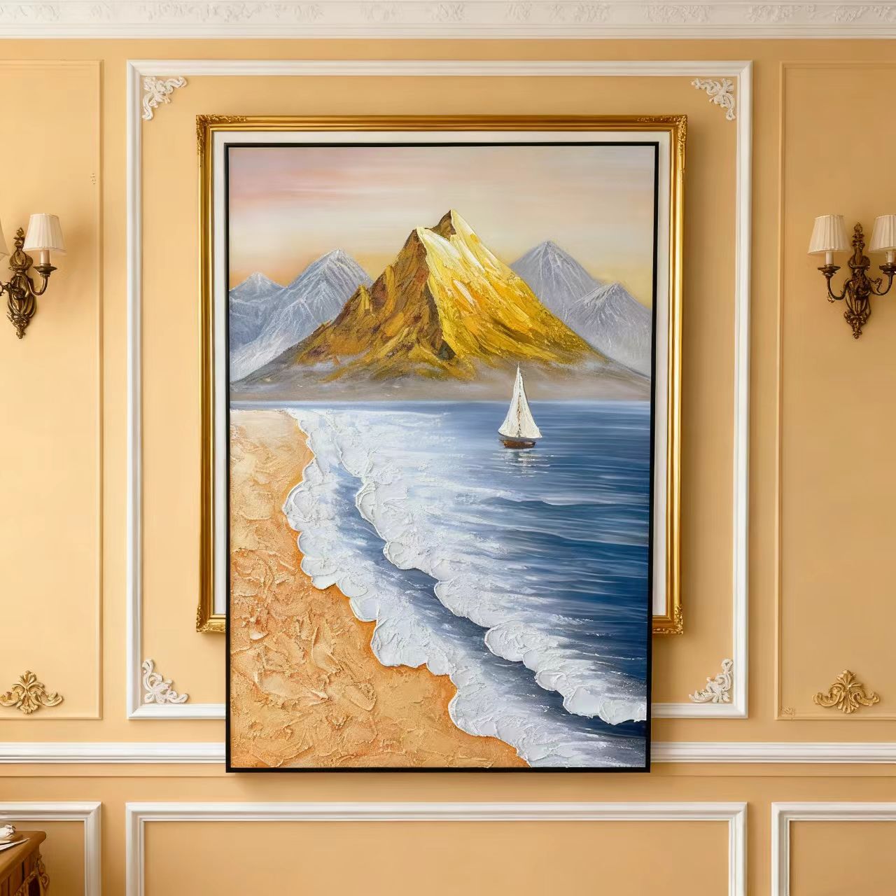 现代简约轻奢海浪金山客厅沙发背景墙玄关装饰油画XD42