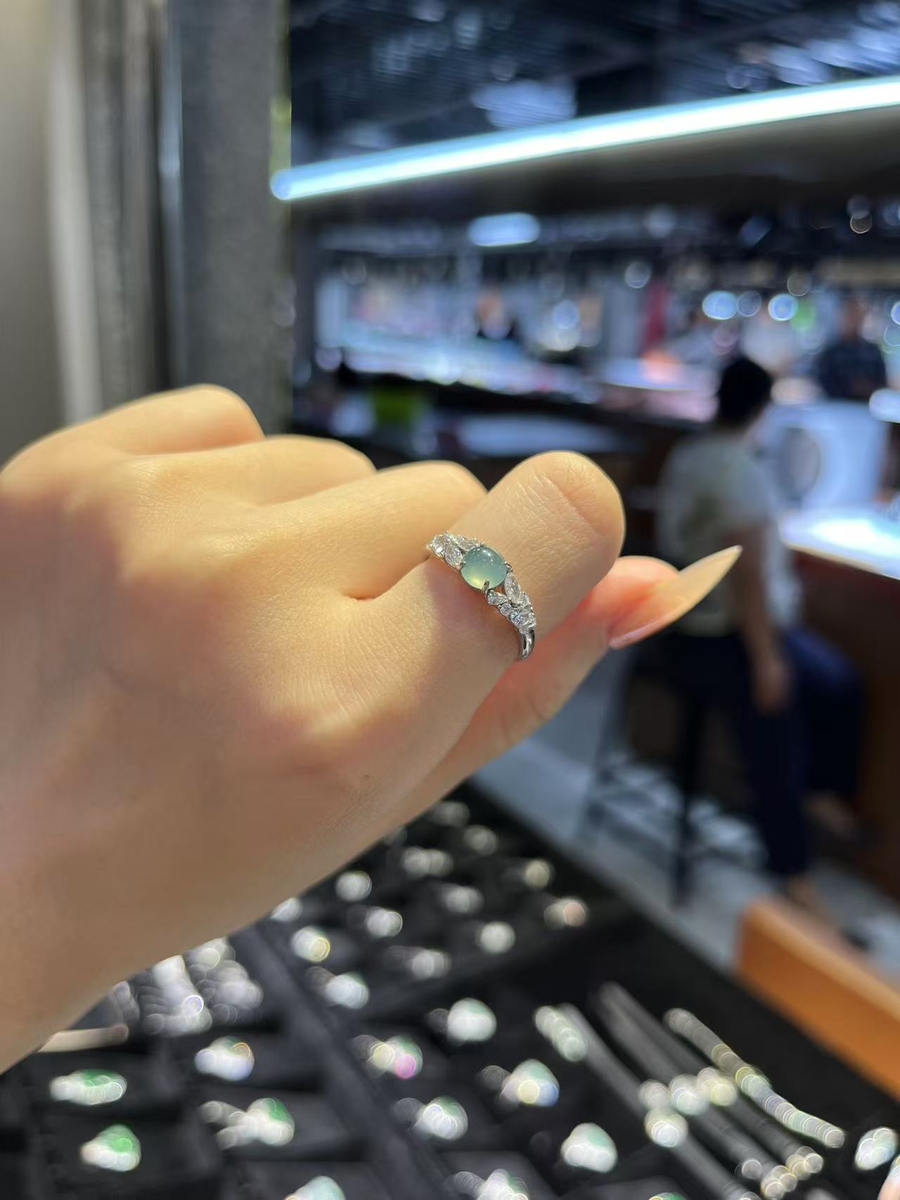 A货925银镶嵌翡翠女士开口可调节简约时尚