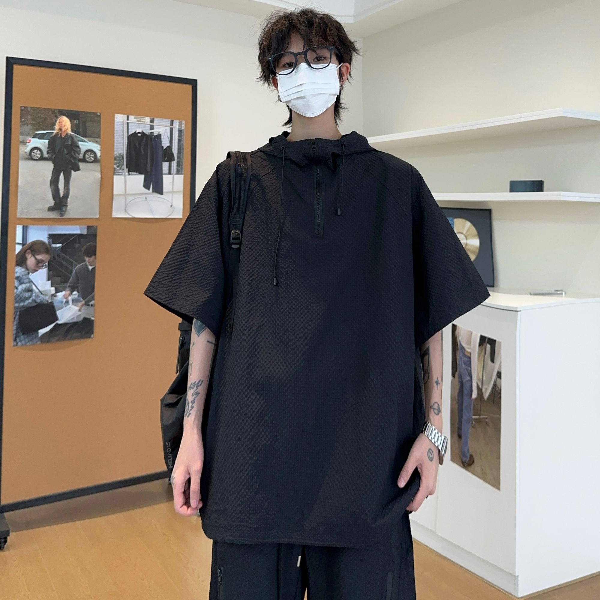 【连帽泡泡纱防晒套装】夏季新款潮男短袖男女同款百搭宽松T恤套装