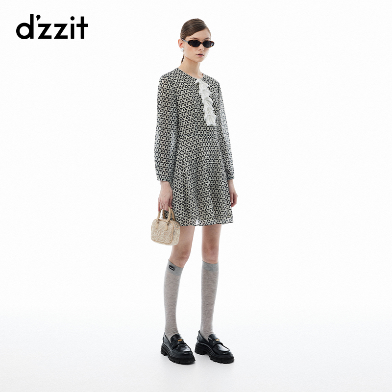 【专属】dzzit地素连衣裙春秋法式雪纺满印印花长袖花边短裙女