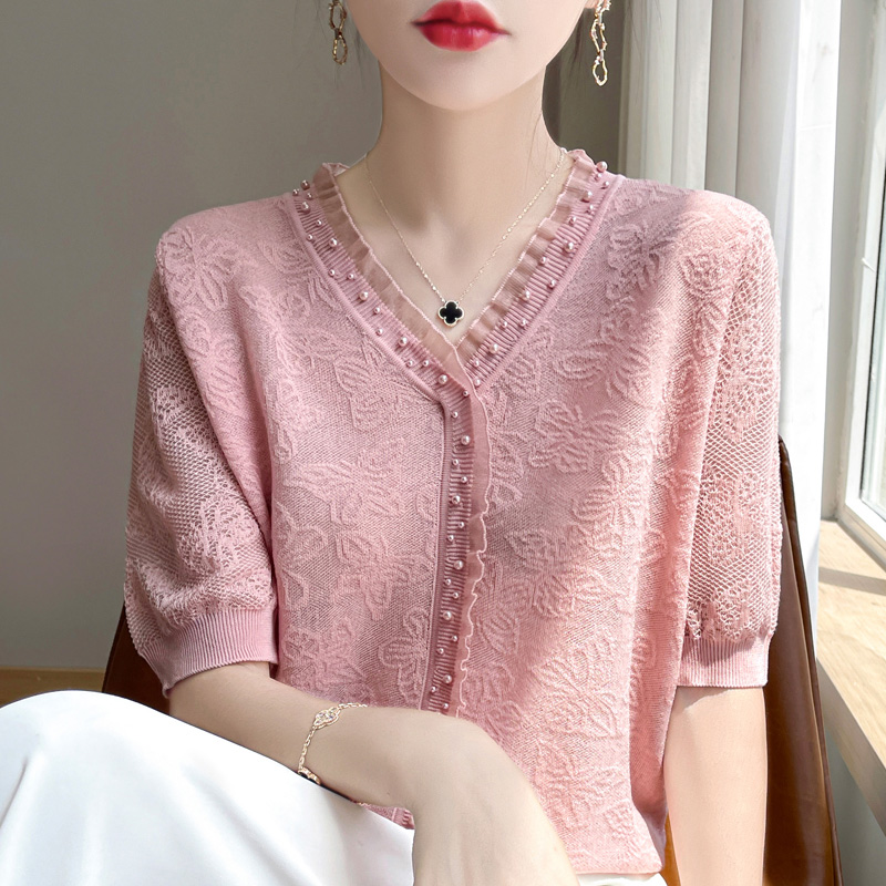 胖mm夏装大码冰丝针织衫女士短袖t恤遮肚子巨显瘦蕾丝v领洋气上衣