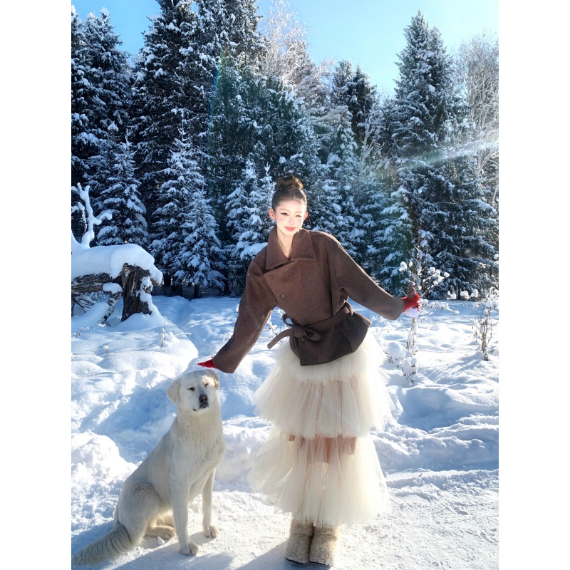 设计感斜边单排扣短款呢子大衣绑带毛呢外套绑带层层网纱蛋糕裙女