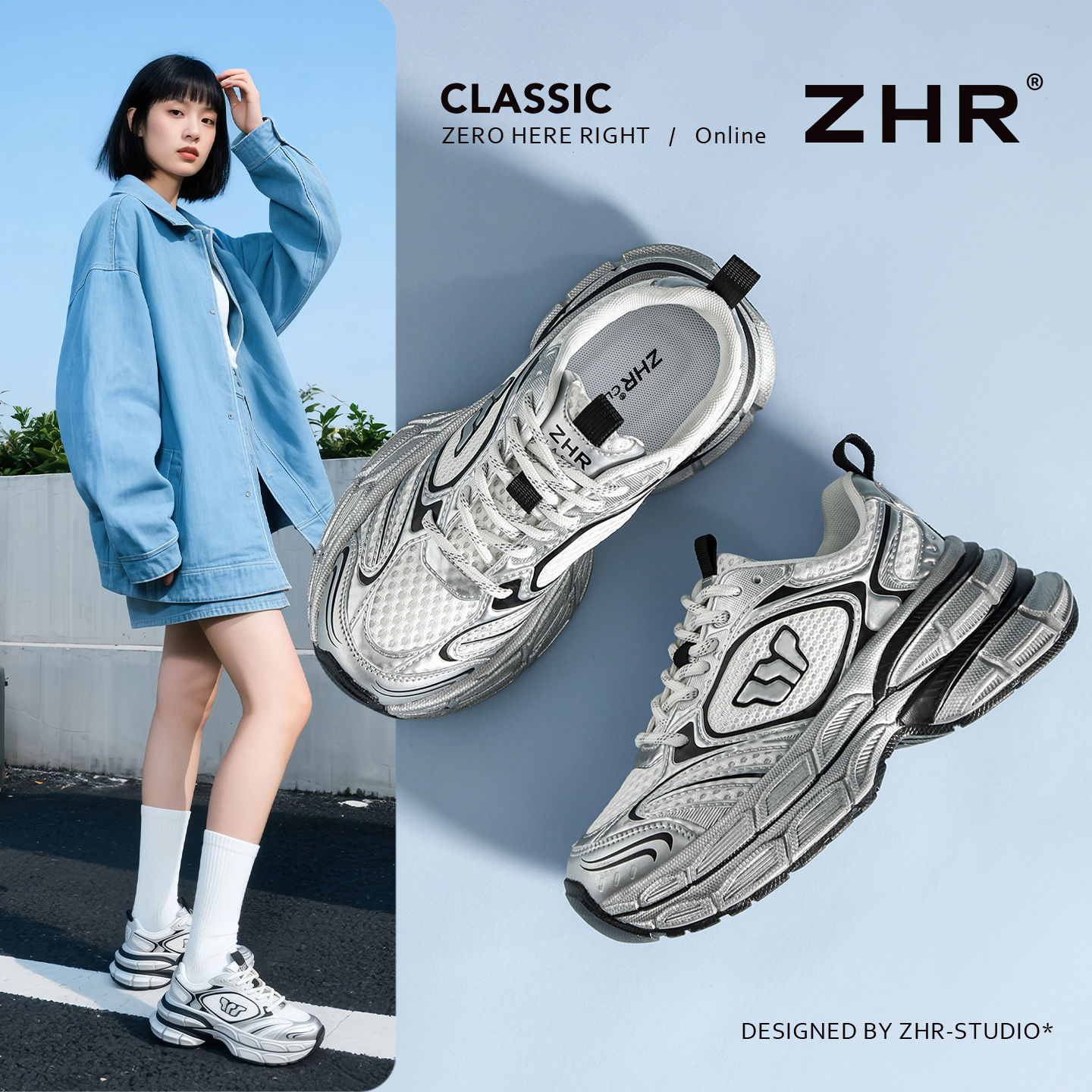 ZHR/则则明星同款厚底拼色系带老爹鞋女网面透气休闲鞋男潮流单鞋