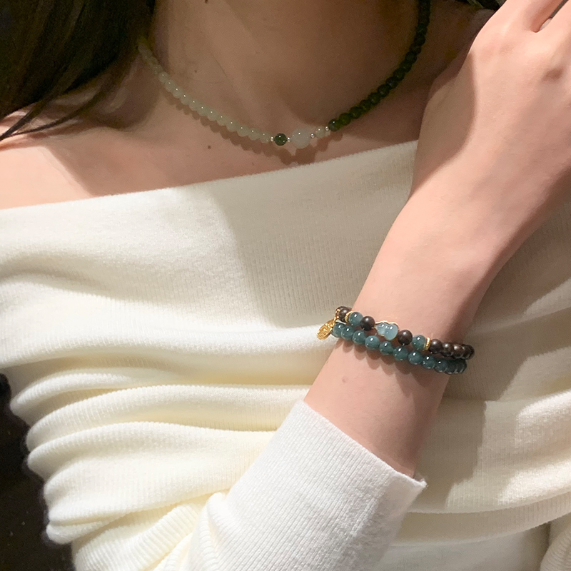 [流光溢彩]沉香搭配翡翠手串小葫芦银镀金镶嵌