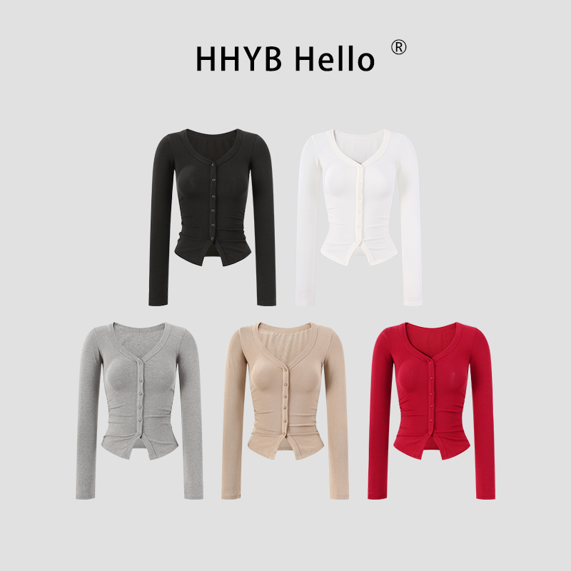 HHYB Hello韩系V领长袖开衫T恤女秋季2025新款收腰显瘦上衣250604