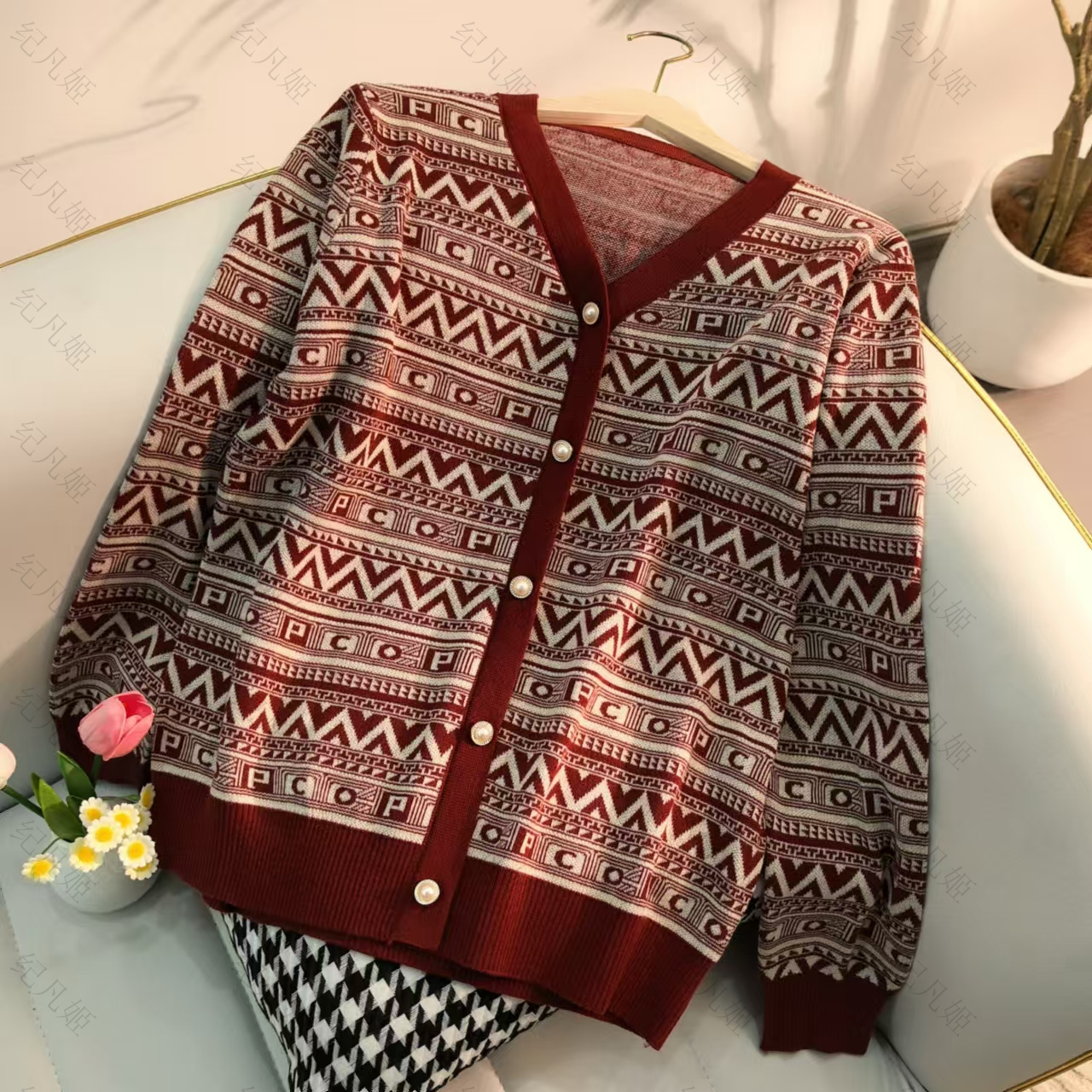 纪凡姬/3921-经典V领春秋季新款时尚毛衣针织打底开衫